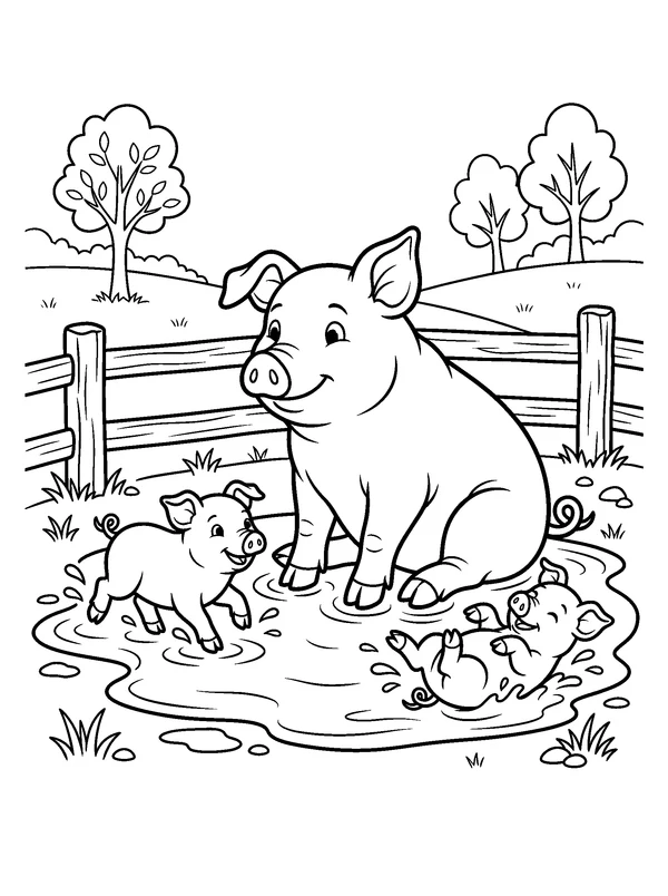 Pigs in a Mud Puddle — printable black-and-white coloring sheet