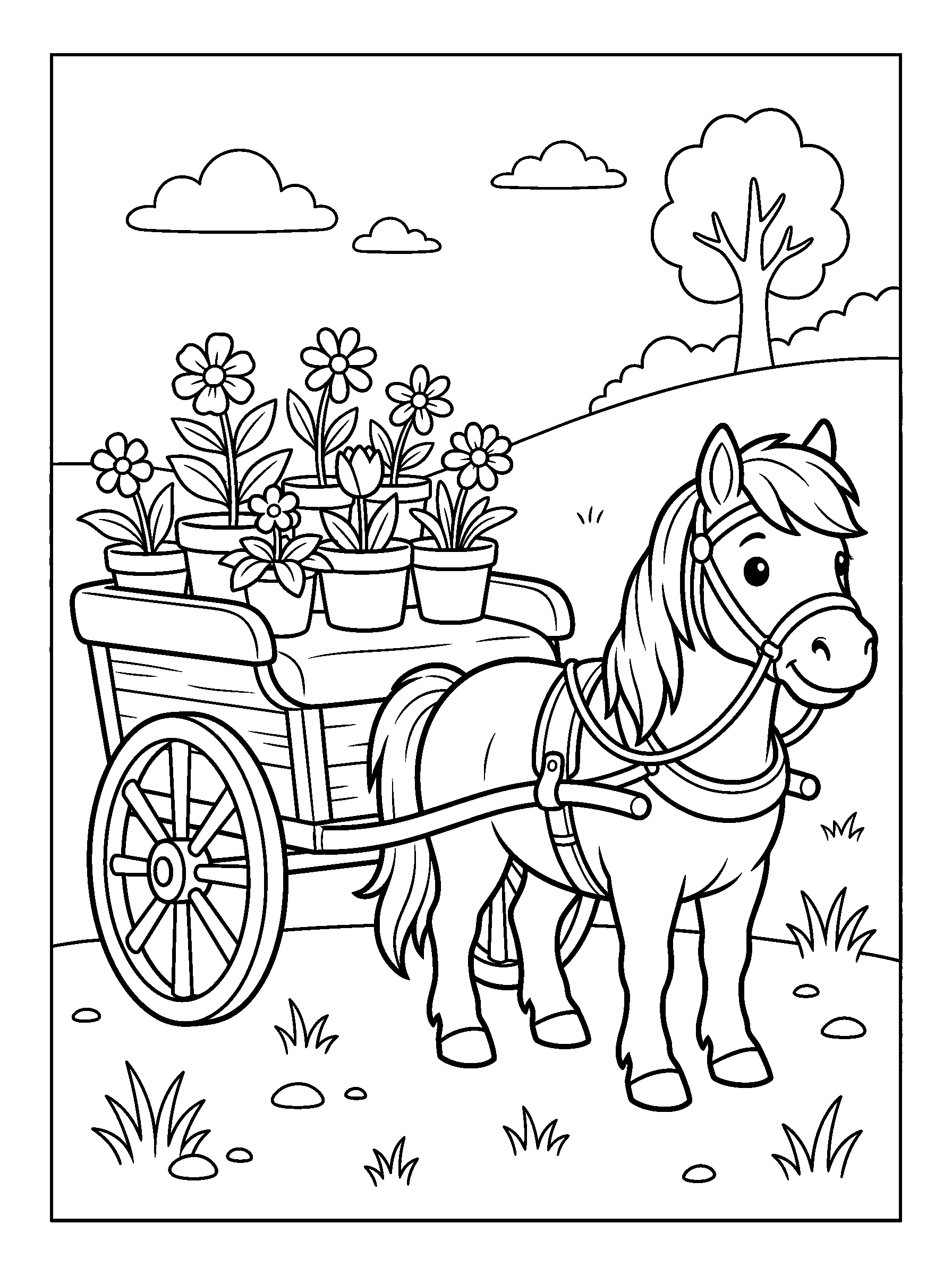 Pony with a Flower Cart — full black-and-white printable coloring page