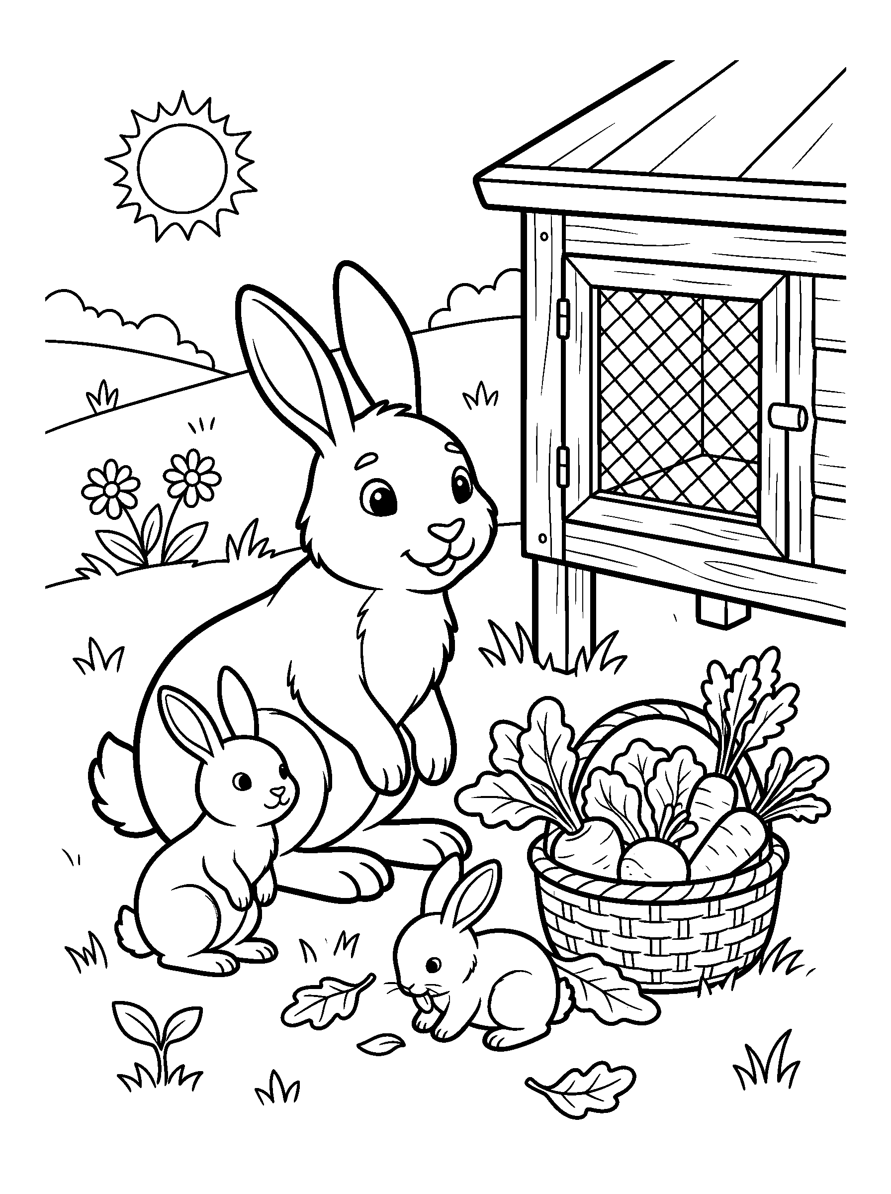 Rabbit Family at the Hutch — full black-and-white printable coloring page