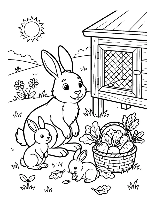Rabbit Family at the Hutch — printable black-and-white coloring sheet