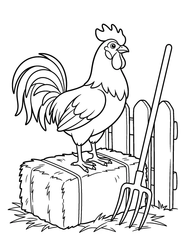 Rooster on a Hay Bale — printable black-and-white coloring sheet