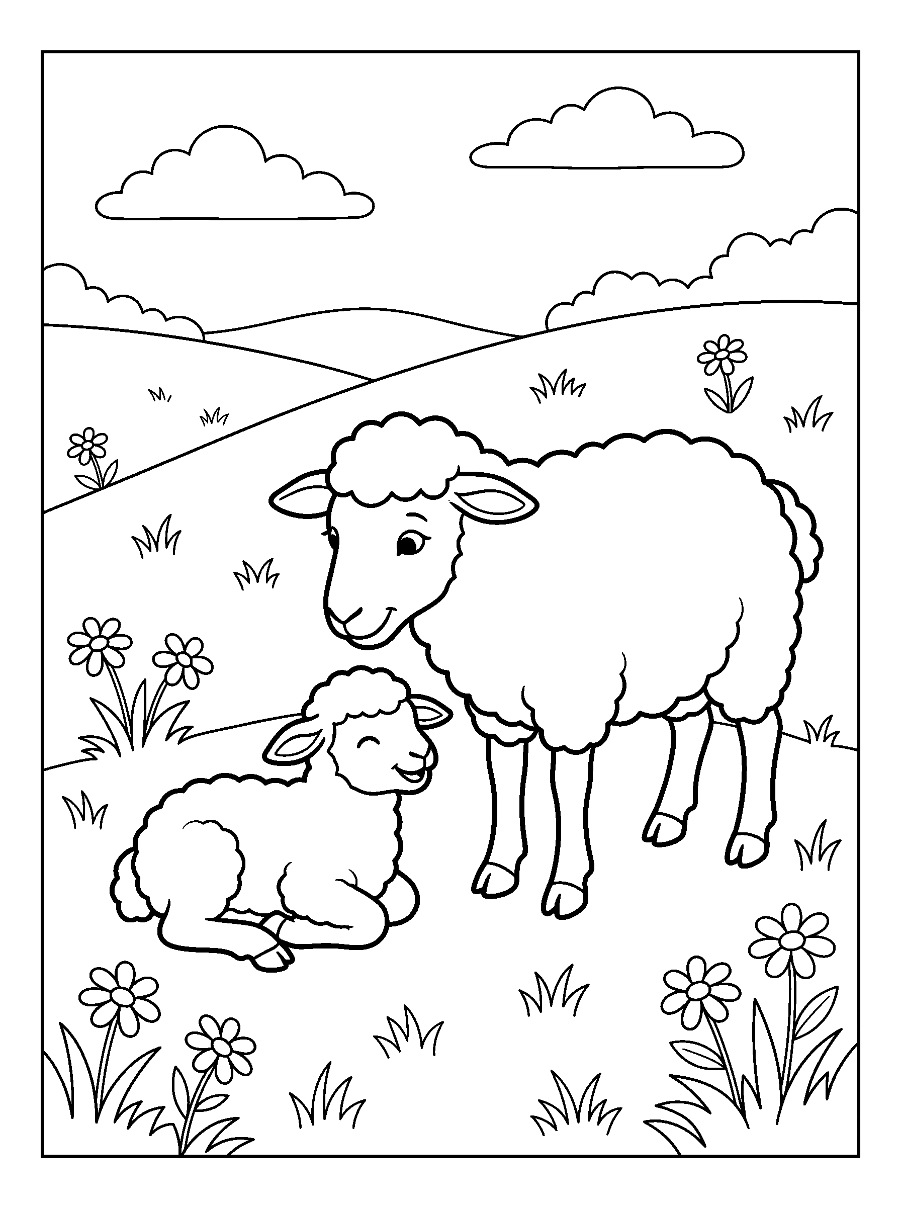 Sheep and Lamb on a Hill — full black-and-white printable coloring page