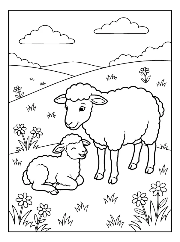 Sheep and Lamb on a Hill — printable black-and-white coloring sheet