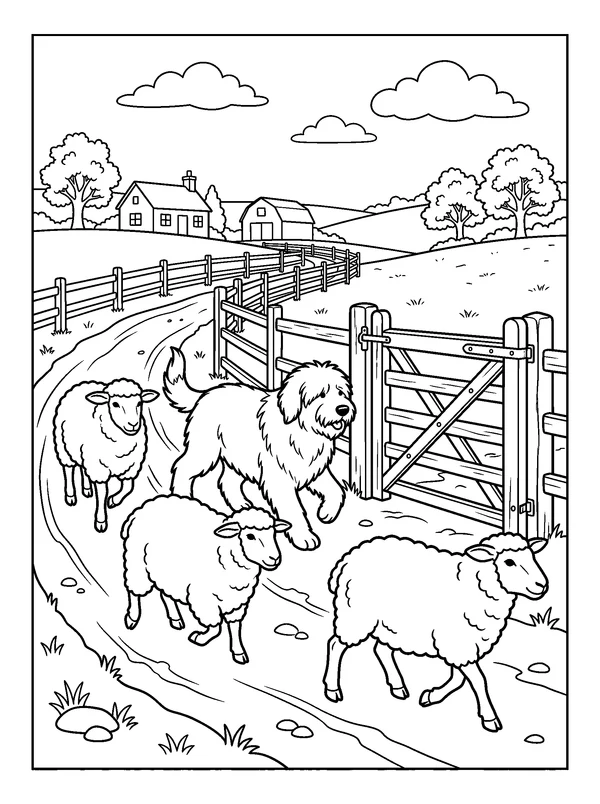 Sheepdog Guiding the Flock — printable black-and-white coloring sheet