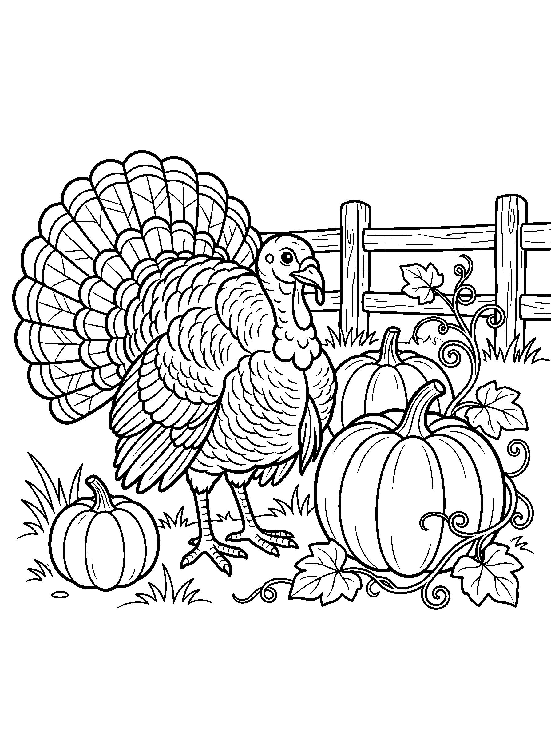 Turkey Beside the Pumpkin Patch — full black-and-white printable coloring page