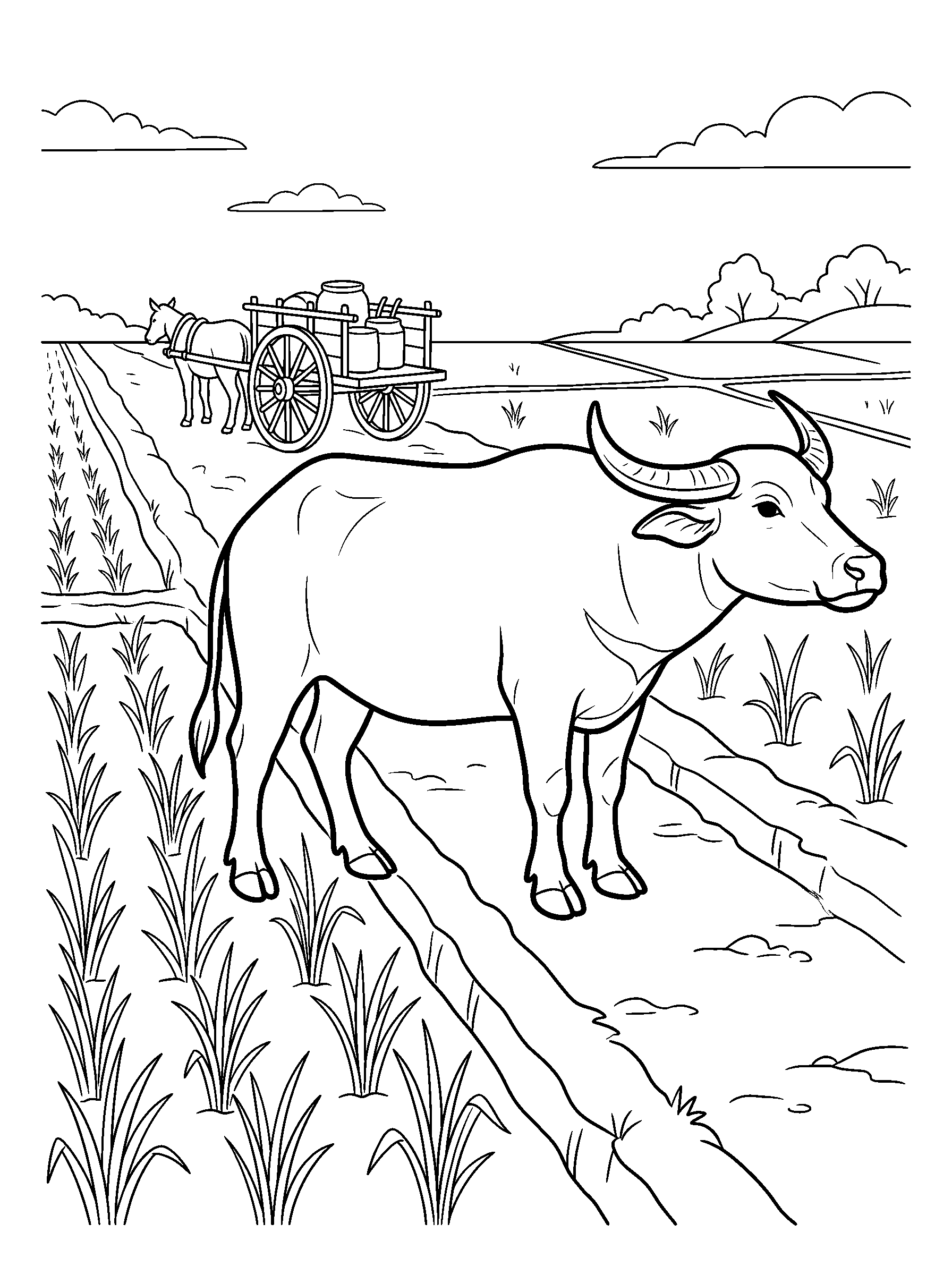 Water Buffalo at the Rice Field — full black-and-white printable coloring page