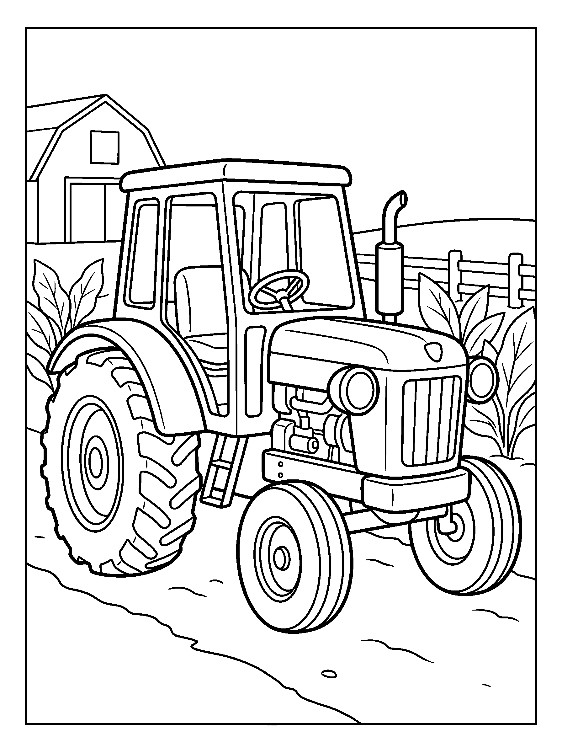 Farm Tractor — full black-and-white printable coloring page