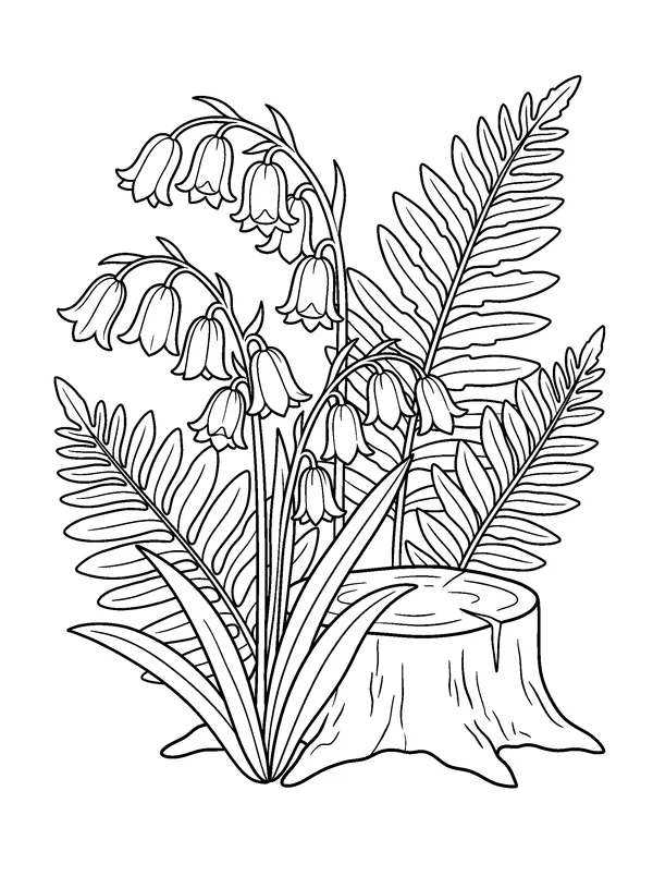 Bluebells by a Stump — printable black-and-white coloring sheet