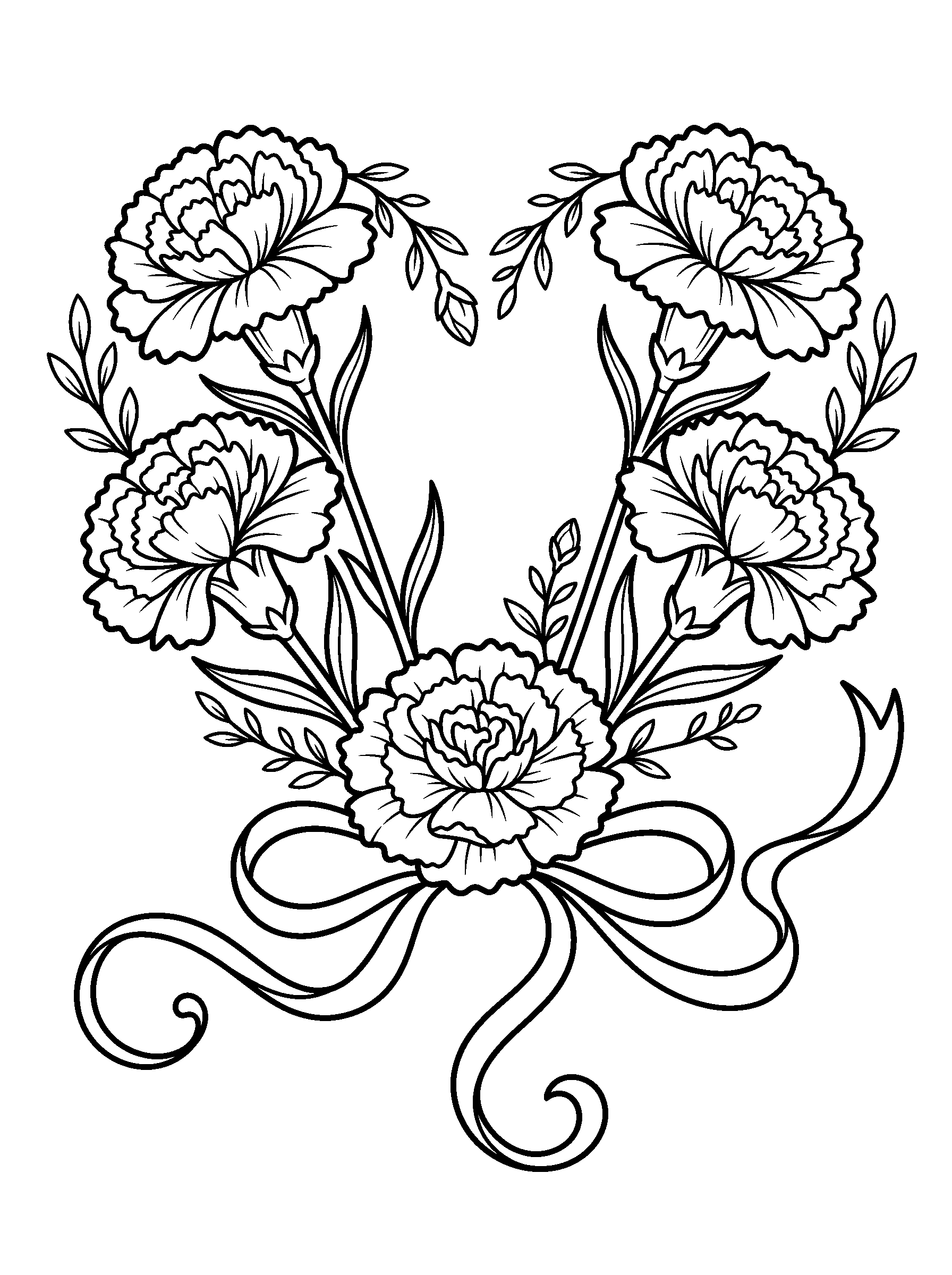 Carnation Heart — full black-and-white printable coloring page