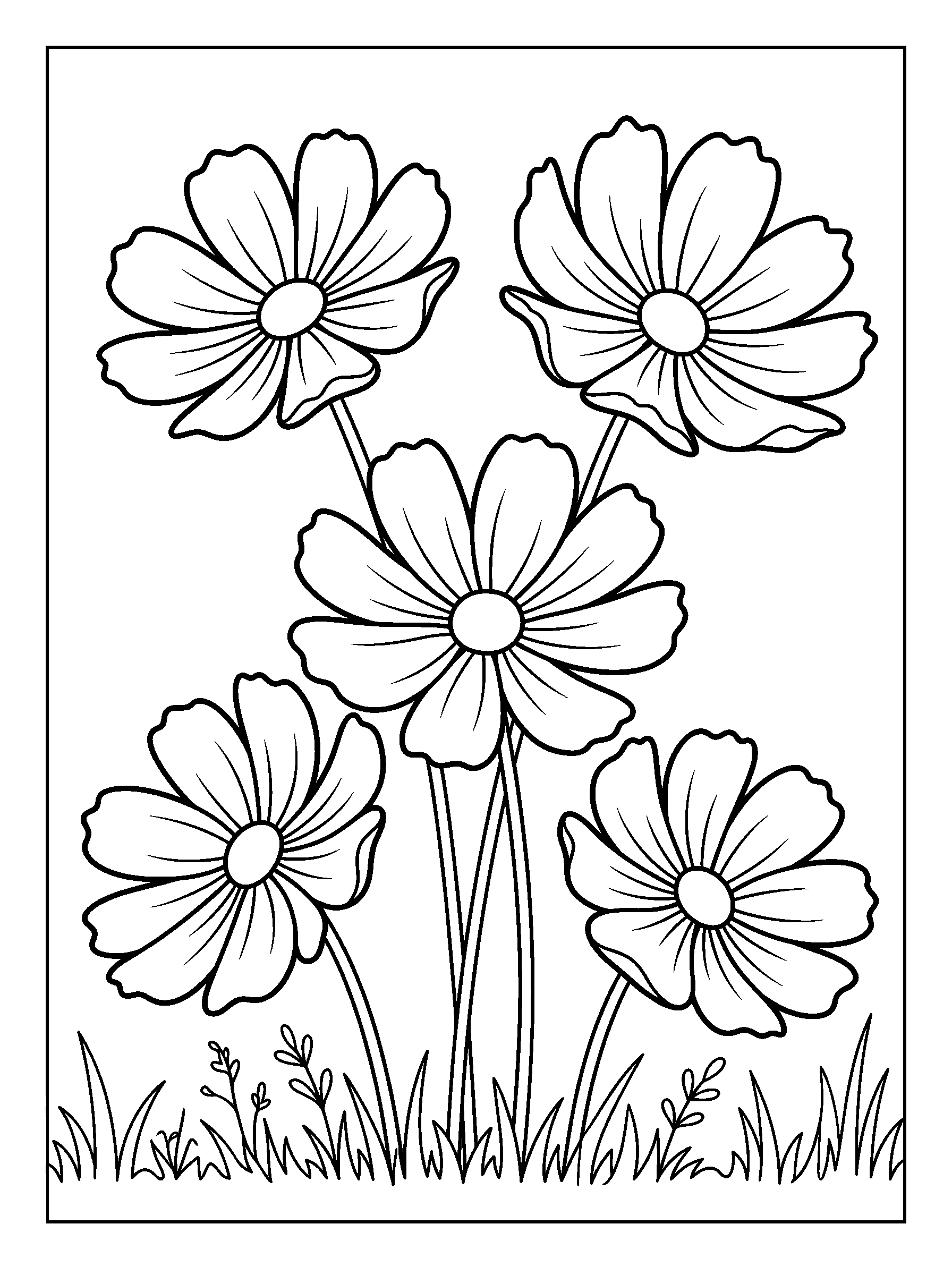 Cosmos in the Breeze — full black-and-white printable coloring page