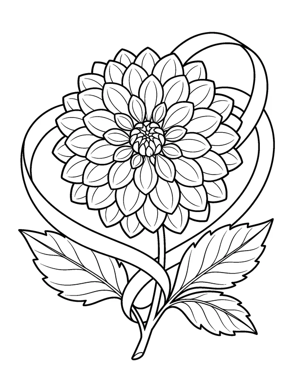 Dahlia Ribbon Medallion — printable black-and-white coloring sheet