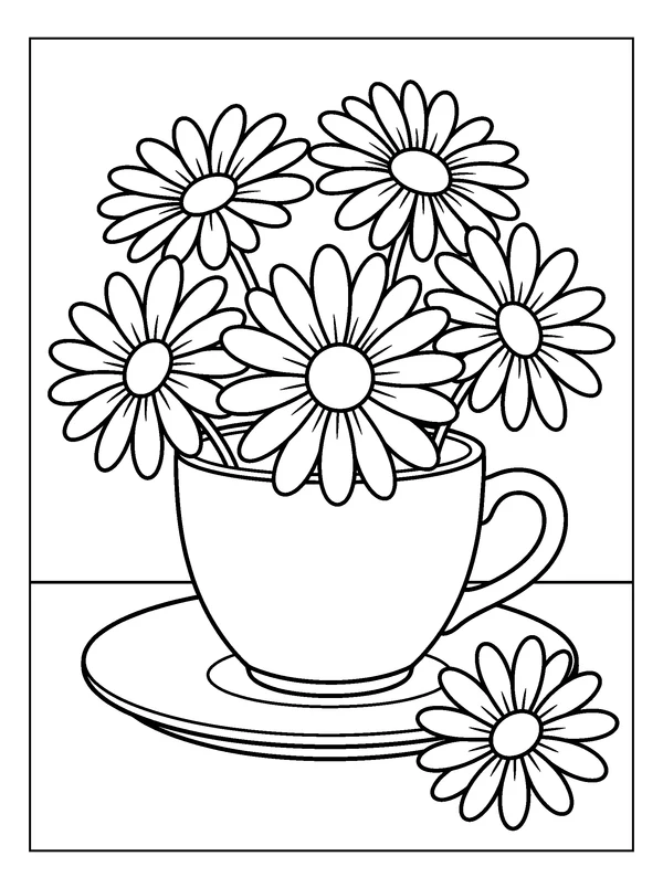 Daisies in a Teacup — printable black-and-white coloring sheet