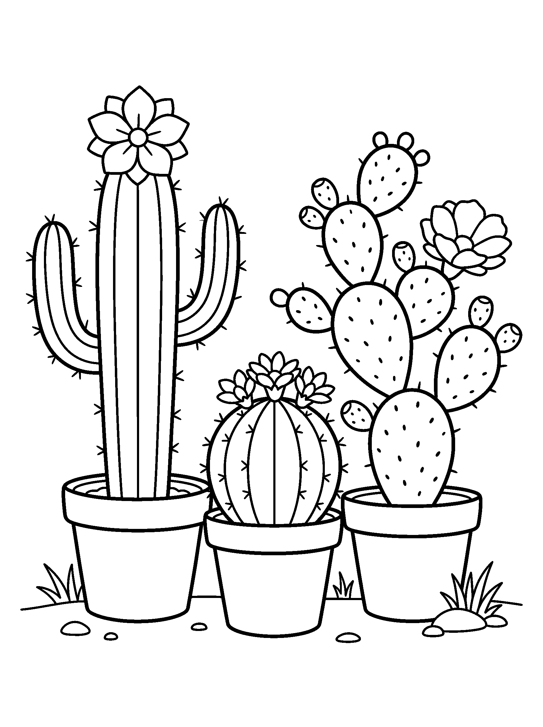 Flowering Cactus Trio — full black-and-white printable coloring page