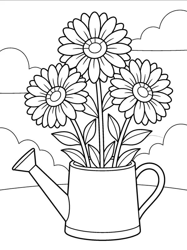 Gerberas in a Watering Can — printable black-and-white coloring sheet