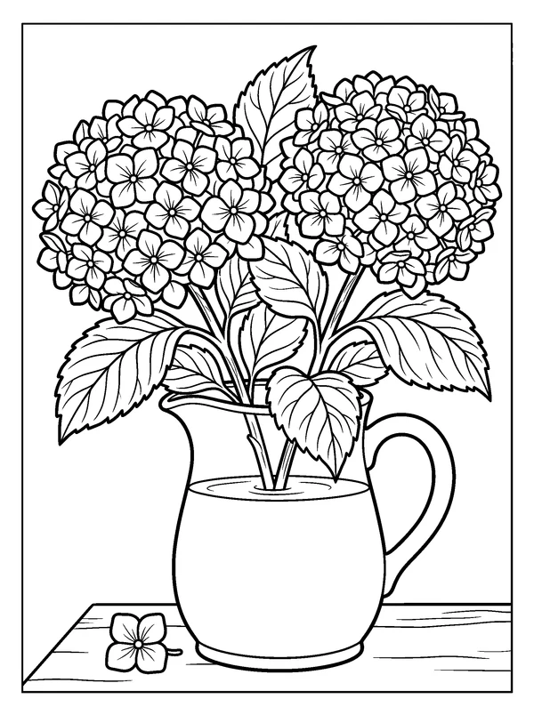 Hydrangeas in a Pitcher — printable black-and-white coloring sheet