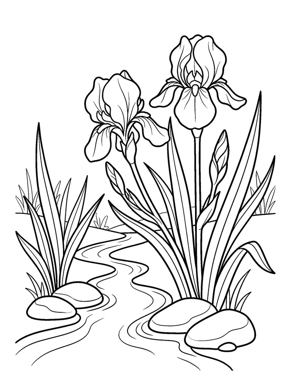 Irises by the Creek — printable black-and-white coloring sheet