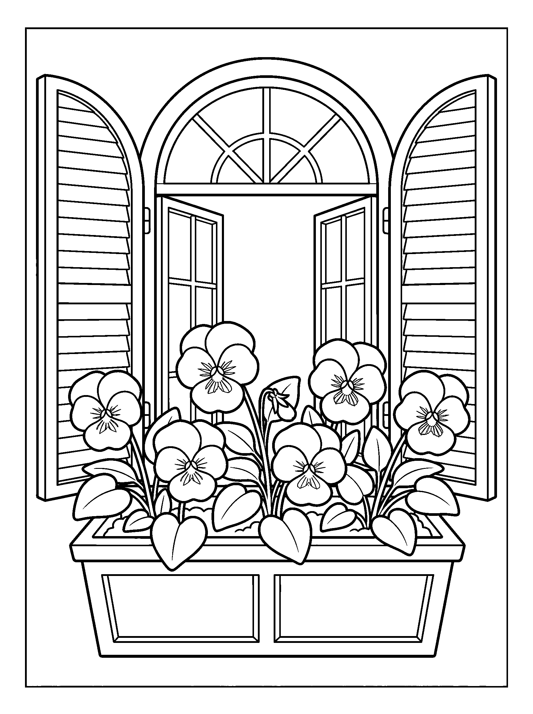 Pansy Window Box — full black-and-white printable coloring page