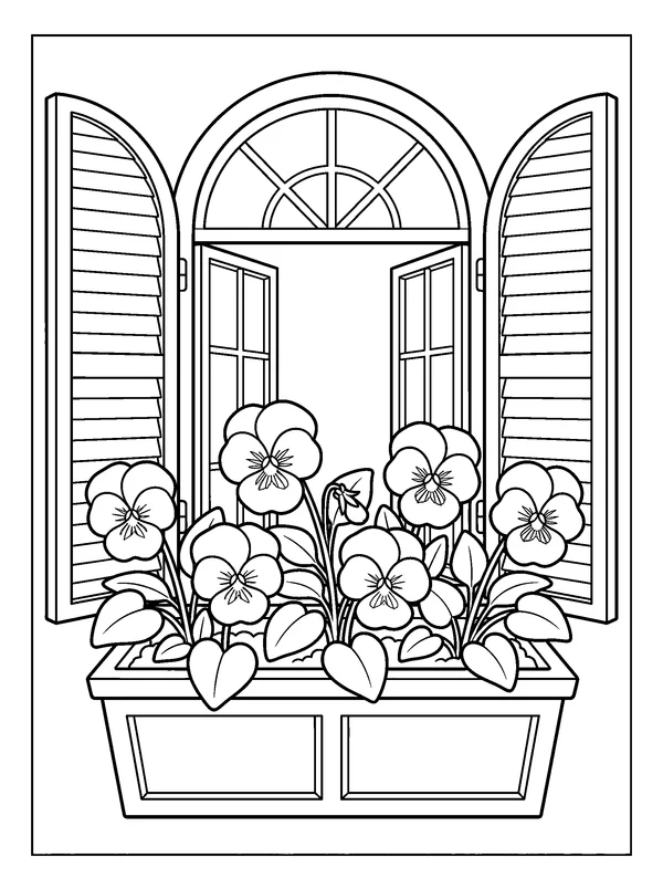 Pansy Window Box — printable black-and-white coloring sheet