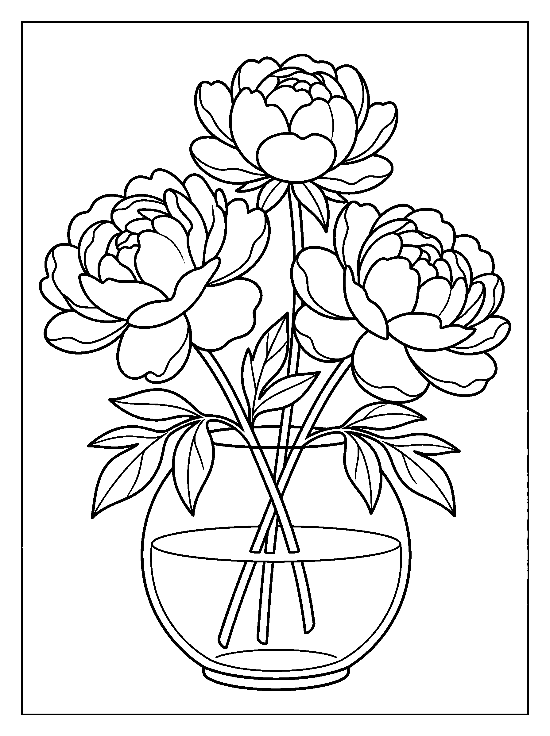Peonies in a Round Vase — full black-and-white printable coloring page
