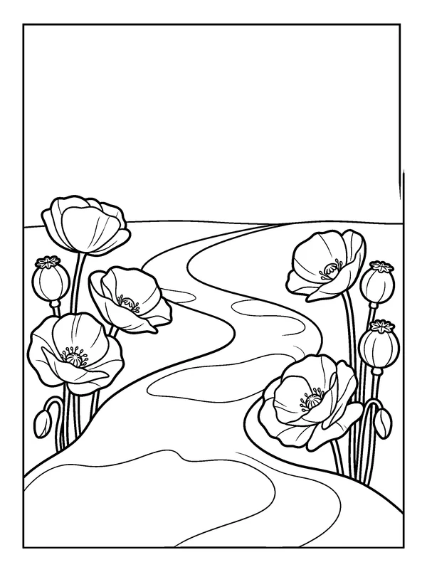 Path Through the Poppies — printable black-and-white coloring sheet