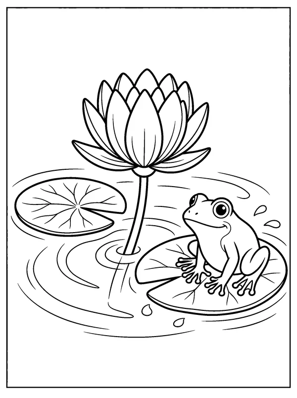 Water Lily and a Frog — printable black-and-white coloring sheet