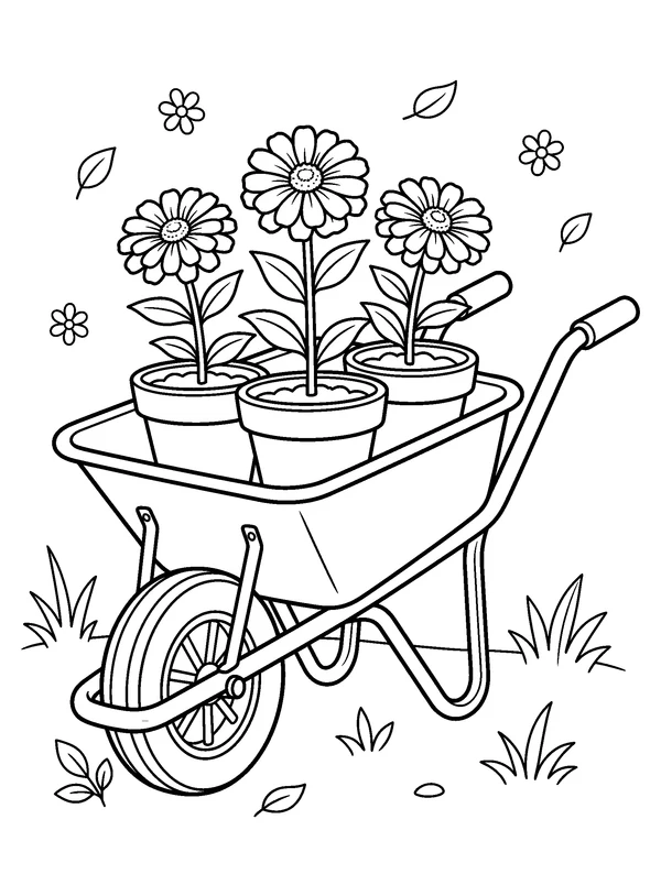 Zinnia Wheelbarrow — printable black-and-white coloring sheet