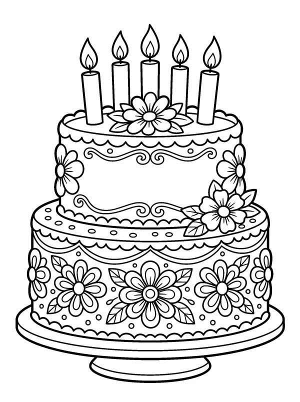 Birthday Cake — printable black-and-white coloring sheet