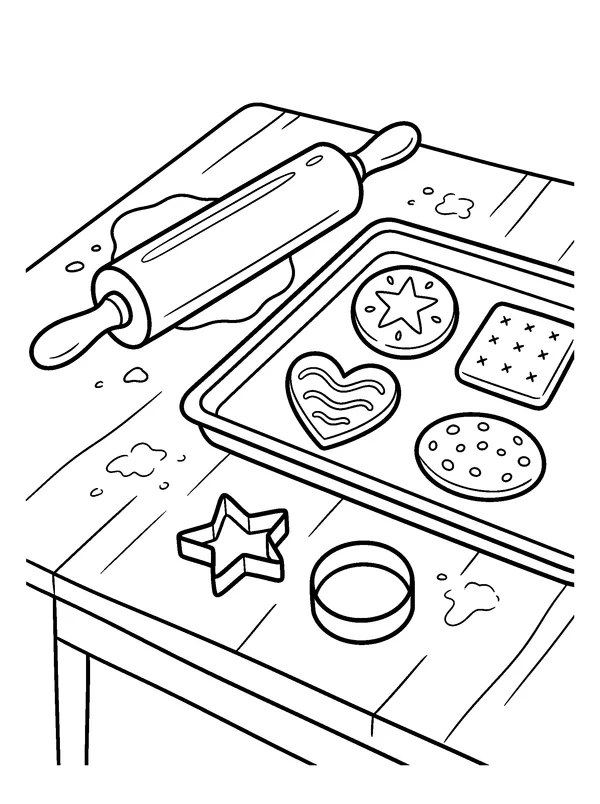 Cookie Baking — printable black-and-white coloring sheet