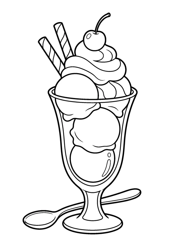 Ice Cream Sundae — printable black-and-white coloring sheet