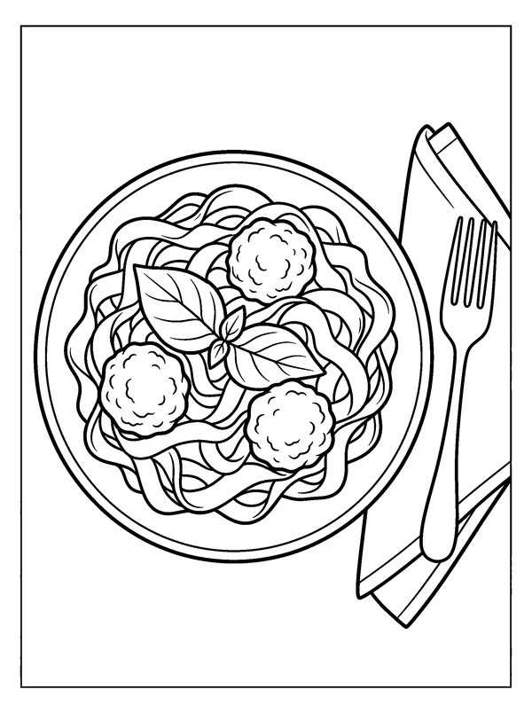 Pasta Dinner — printable black-and-white coloring sheet