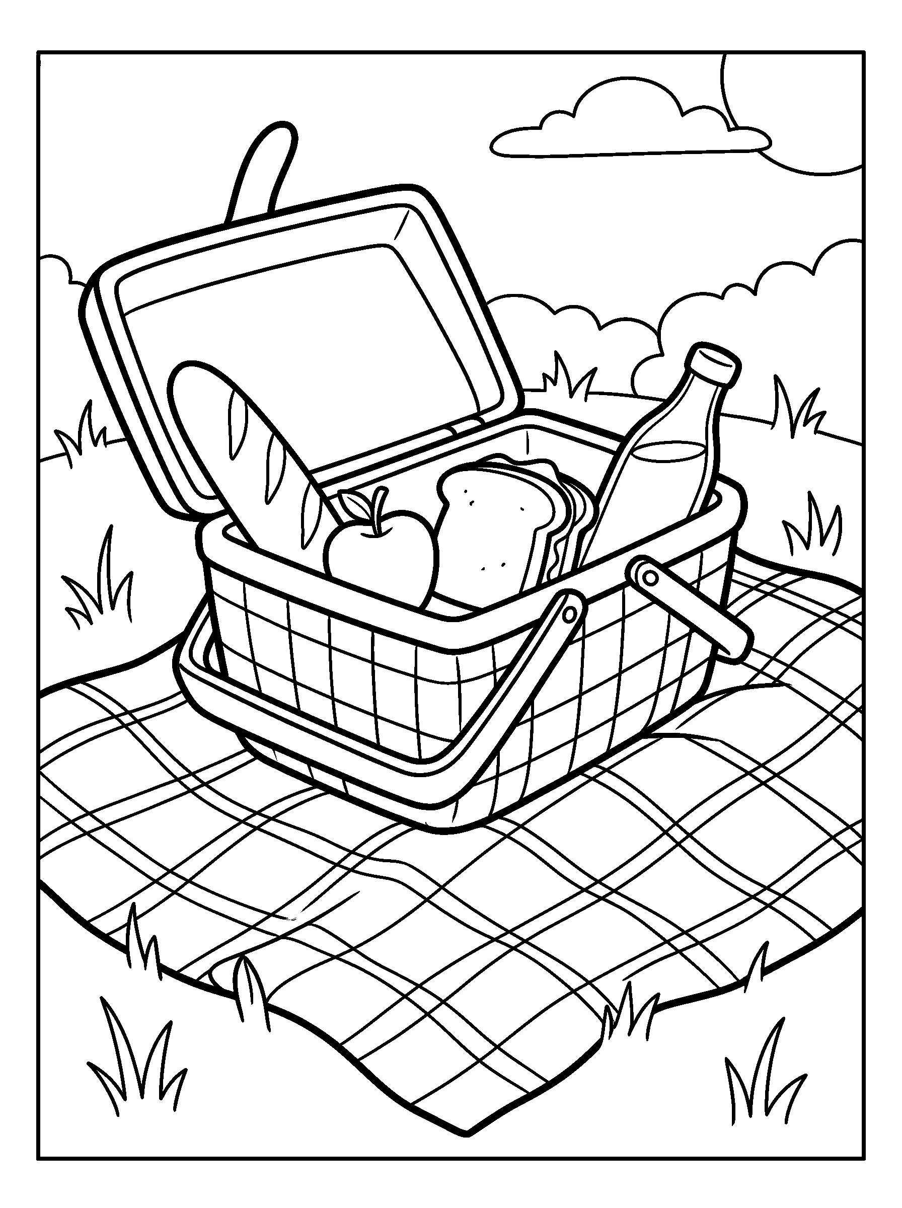 Picnic Basket Lunch — full black-and-white printable coloring page