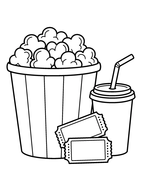 Popcorn Movie Night — printable black-and-white coloring sheet