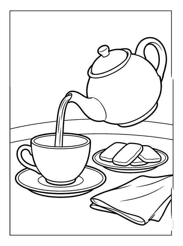 Tea and Biscuits — printable black-and-white coloring sheet