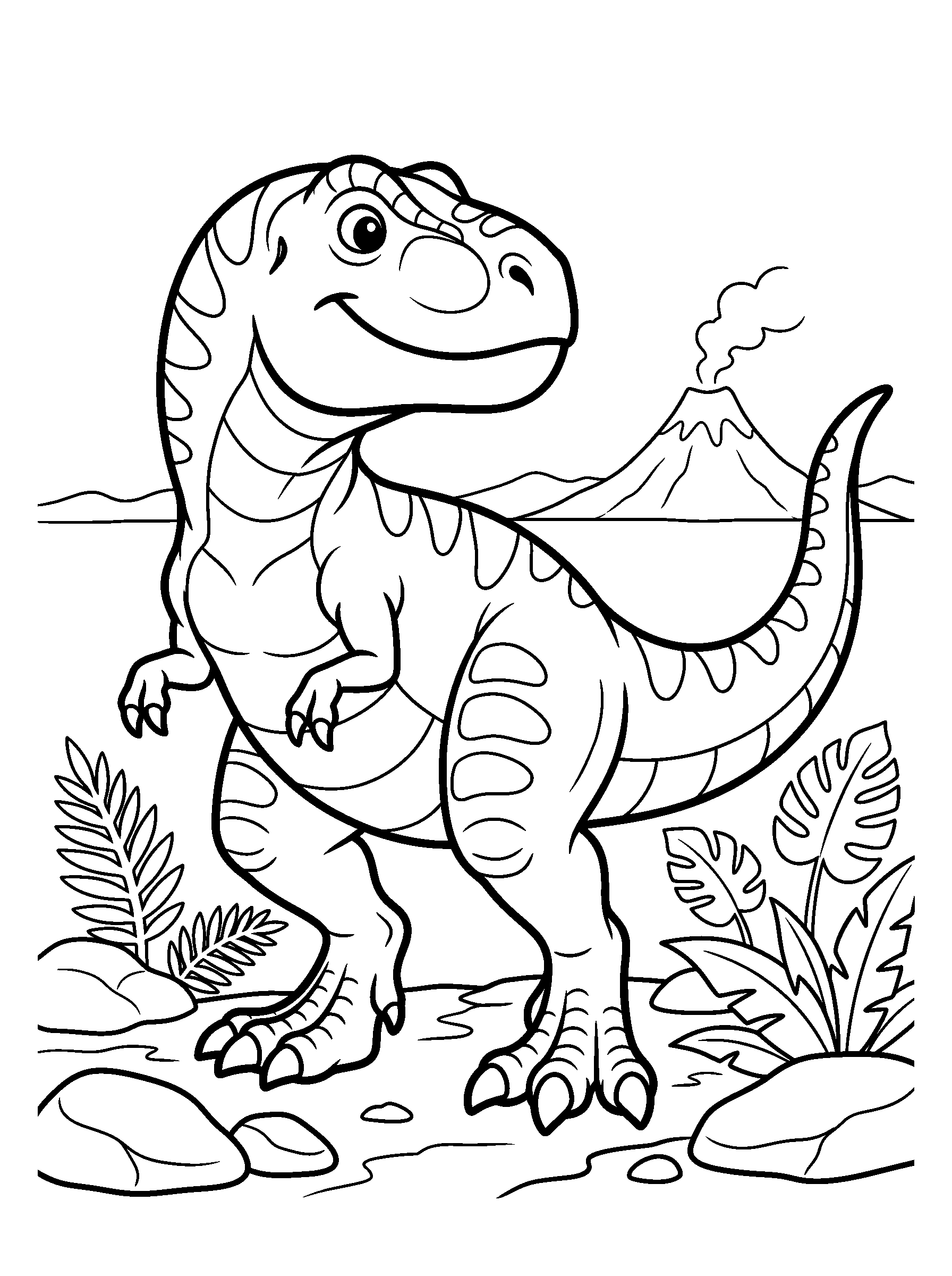 Friendly T. Rex — full black-and-white printable coloring page