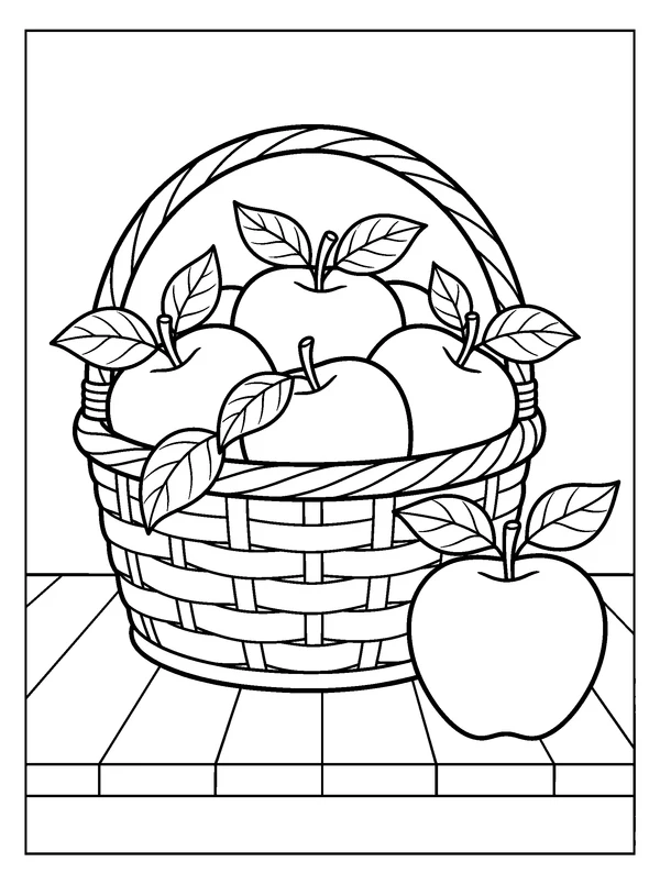 Apple Basket — printable black-and-white coloring sheet