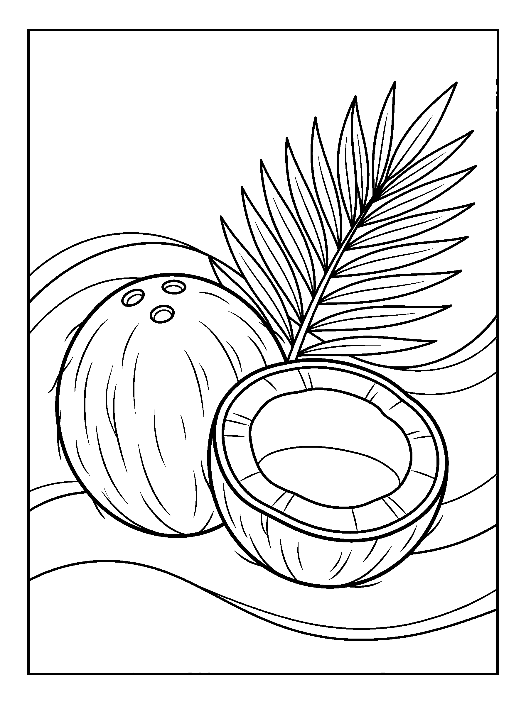 Coconut Beach — full black-and-white printable coloring page