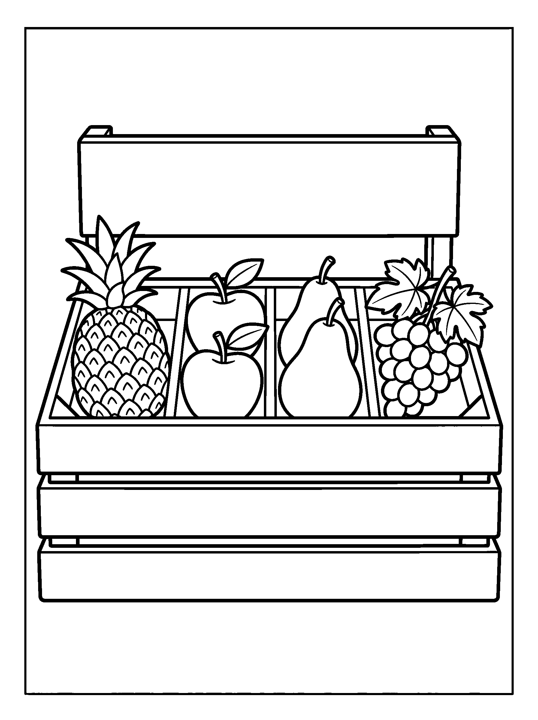 Fruit Market Crate — full black-and-white printable coloring page