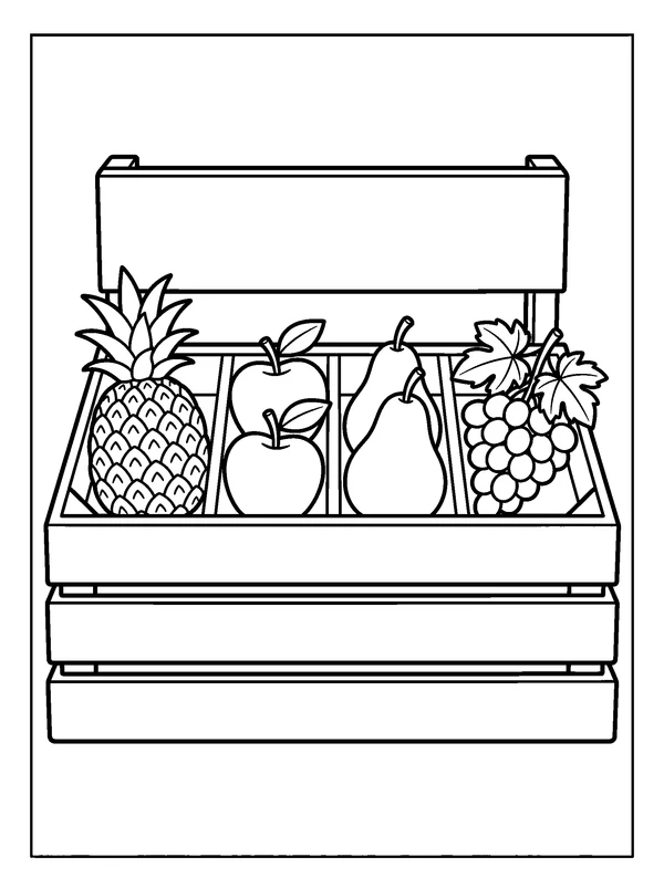 Fruit Market Crate — printable black-and-white coloring sheet