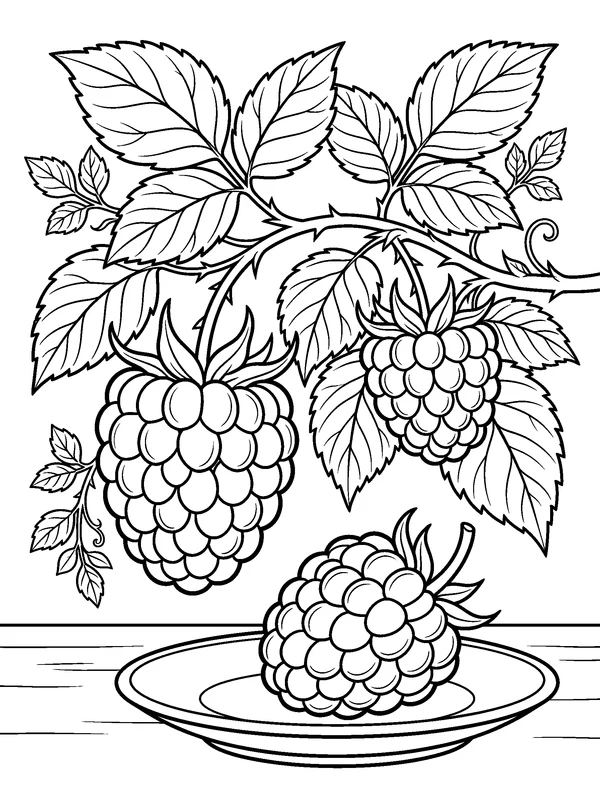 Raspberry Branch — printable black-and-white coloring sheet