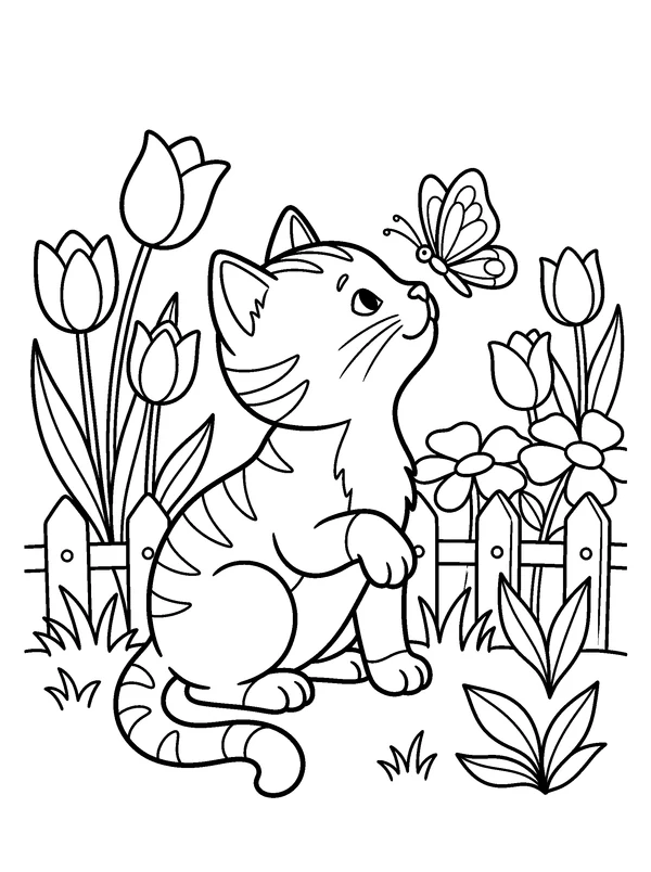 Garden Kitten — printable black-and-white coloring sheet