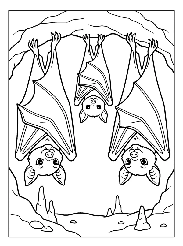 Bat Family at the Cave — printable black-and-white coloring sheet