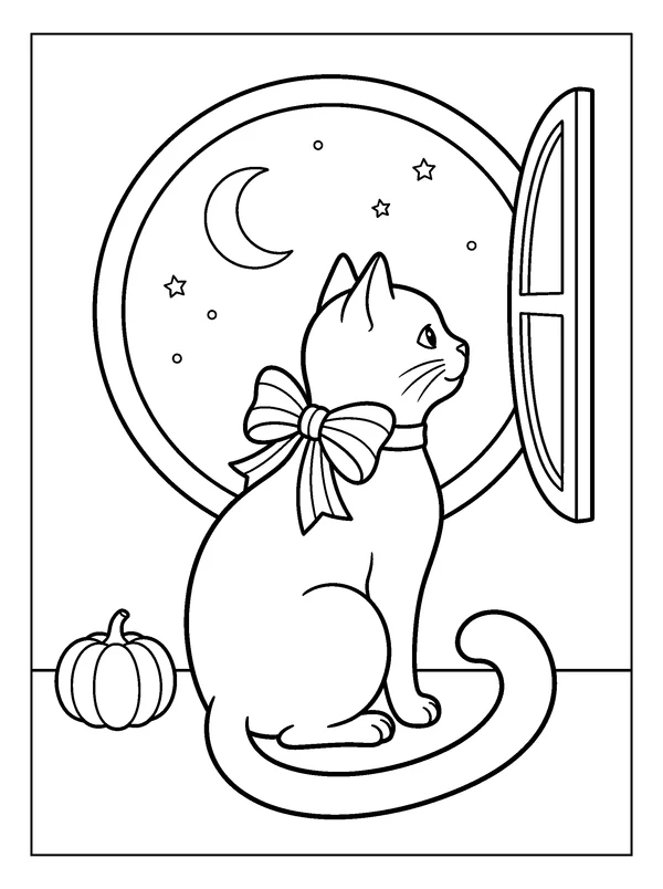 Cat in the Moon Window — printable black-and-white coloring sheet