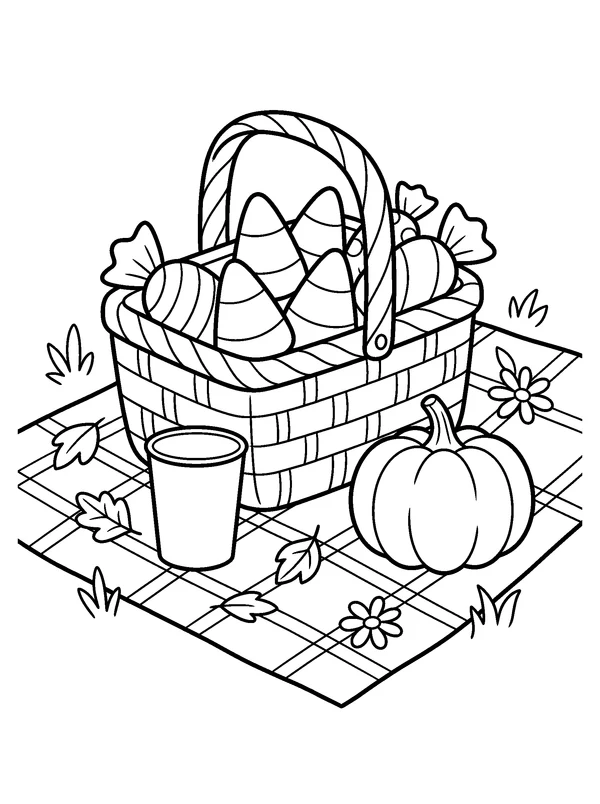 Halloween Candy Picnic — printable black-and-white coloring sheet