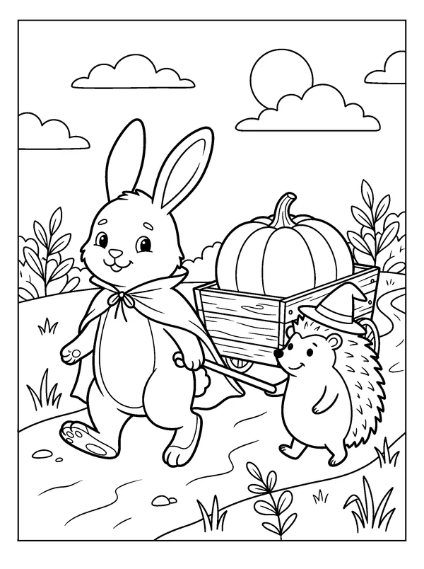 Woodland Costume Parade — printable black-and-white coloring sheet