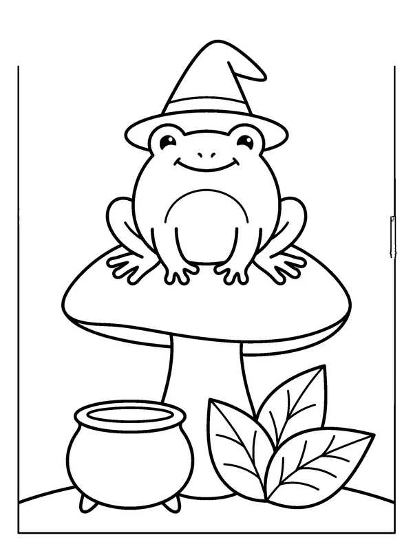 Frog in a Pointed Hat — printable black-and-white coloring sheet