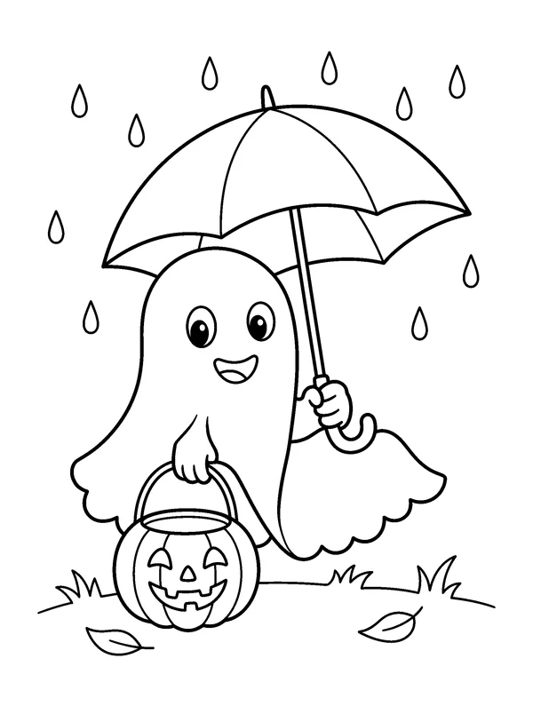 Ghost under an Umbrella — printable black-and-white coloring sheet