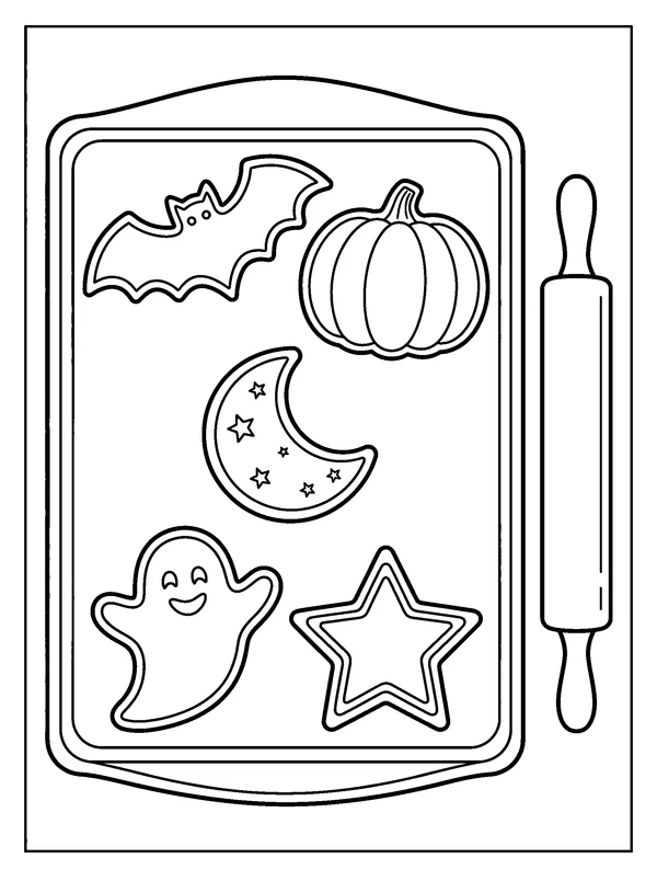 Halloween Cookie Tray — printable black-and-white coloring sheet