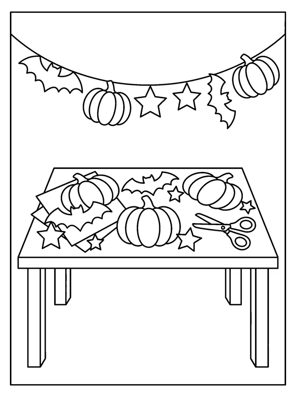 Halloween Garland Workshop — printable black-and-white coloring sheet