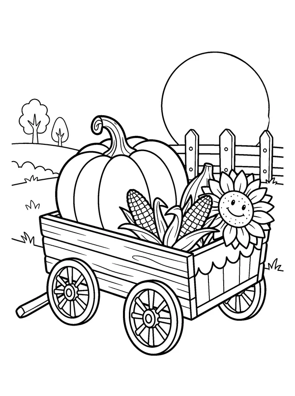 Harvest Wagon at Moonrise — printable black-and-white coloring sheet