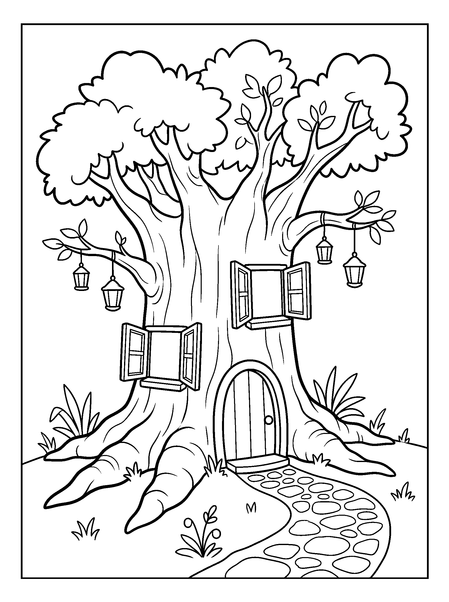 Treehouse Lantern Door — full black-and-white printable coloring page